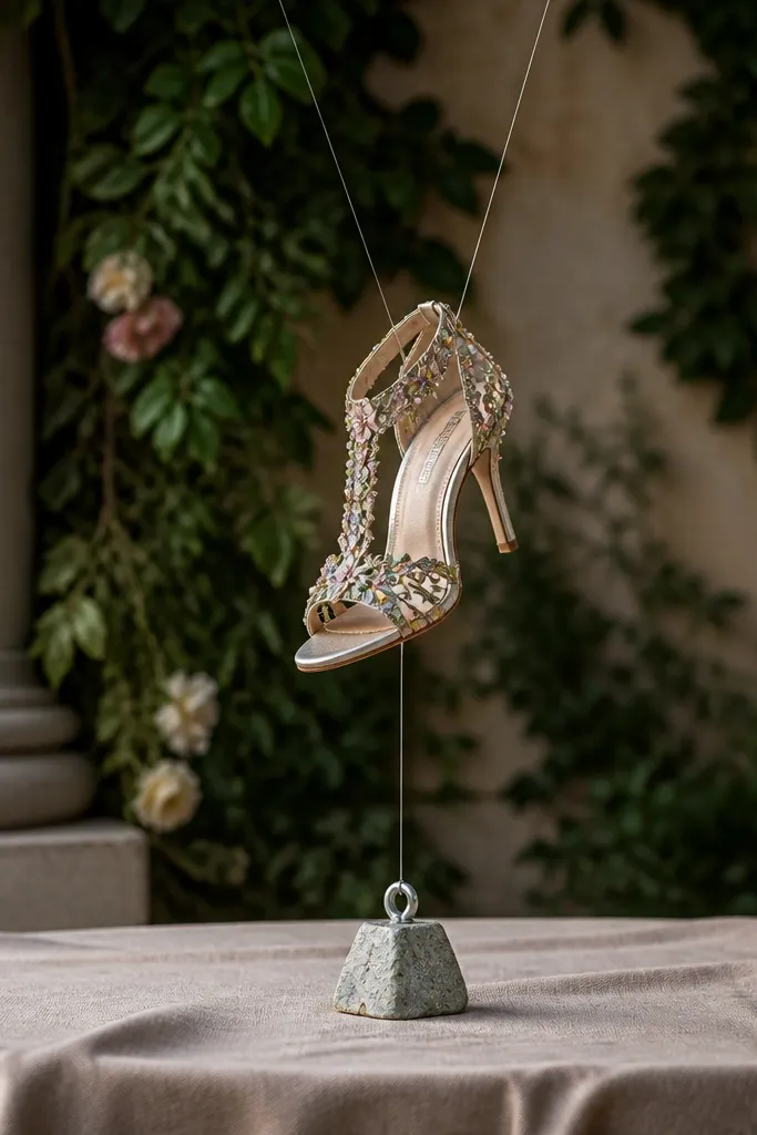 Decorative heels placed outdoors on a covered surface, secured with clear fishing line tied to a weighted base.
