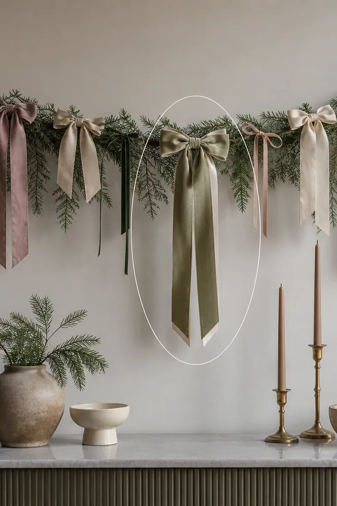 Multiple bows in different ribbon widths and colors attached to decor, with one cohesive bow set highlighted in the photo.