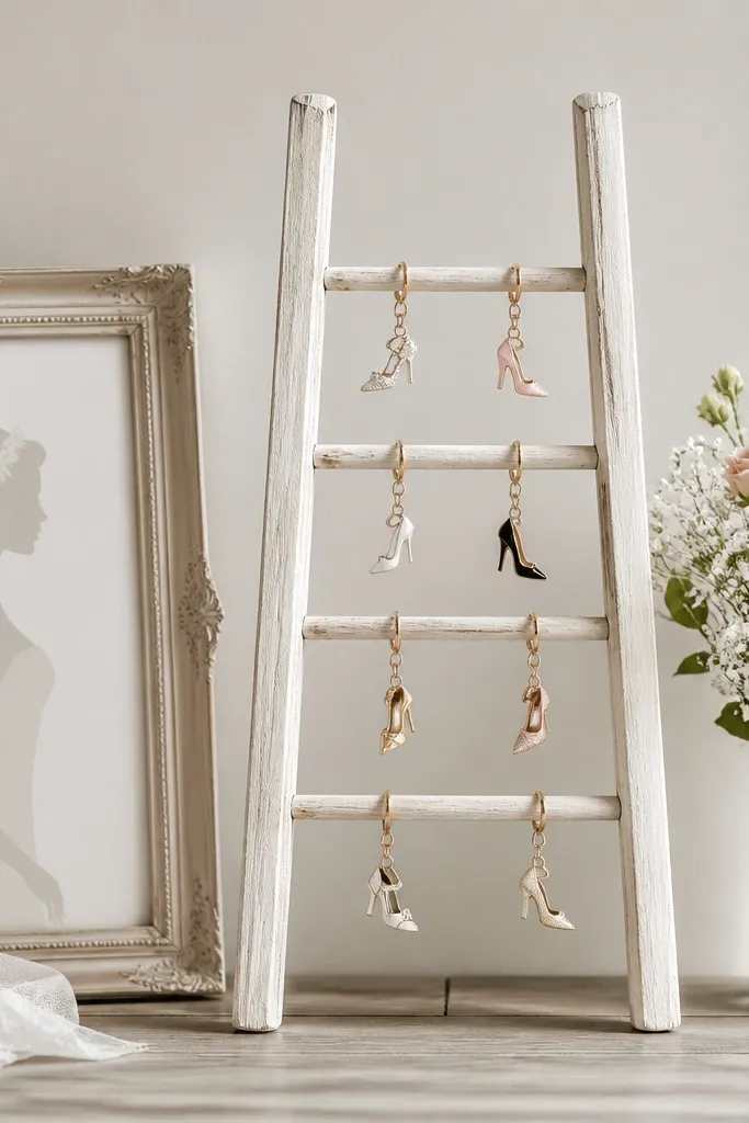 A small ladder used as a photo backdrop, with framed bride-to-be text on one side and shoe-themed charms on the rungs.