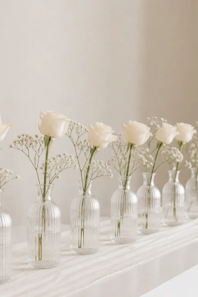A minimalist photo corner with a long row of clear ribbed glass bud vases on a white runner, each holding a single ivory stem with tiny baby’s breath accents.