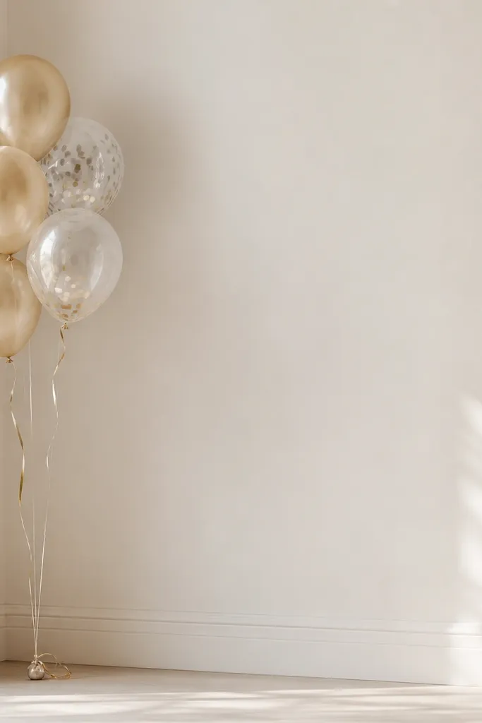 A small cluster of champagne and clear balloons with two thin ribbon tails, placed in the corner of a room against a plain wall with lots of negative space.