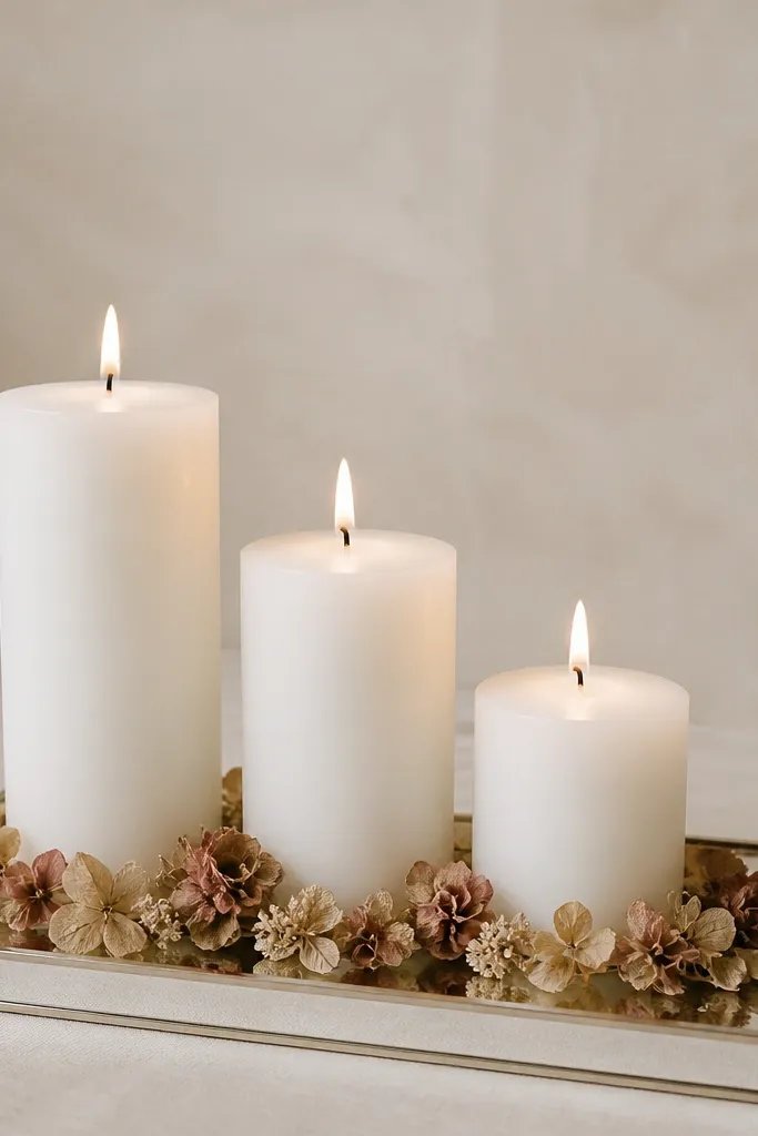 Three white pillar candles of different heights on a rectangular mirrored tray, with a thin line of dried petals around the base and a simple backdrop.