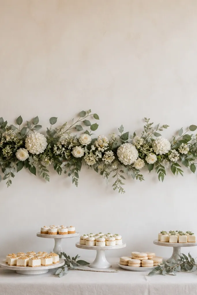 A slim floral strip spanning part of a dessert table backdrop, made of cream flowers and sage greenery, leaving the rest of the wall bare.