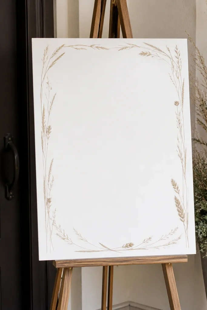 A simple white welcome sign with black lettering, framed by a thin border of dried grass stems, placed on an easel near a doorway.