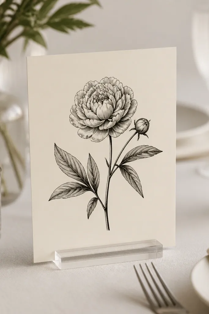Table number cards in black on ivory paper, each set into a clear acrylic stand on a neutral tablecloth.