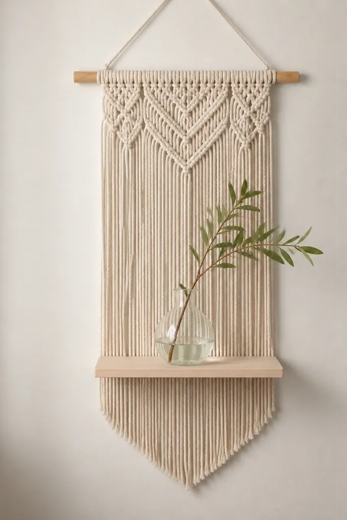 A neutral macramé-style wall hanging in cream with a small ledge holding a single-stem vase, with no other decor crowding the wall.