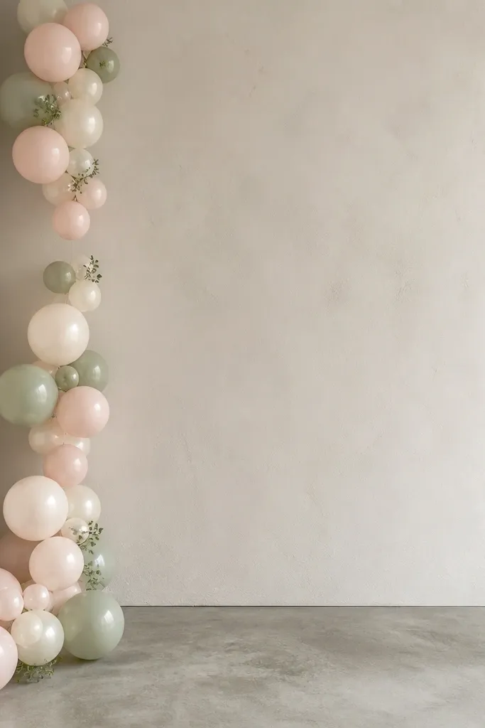 A thin balloon line in sage and blush running along a wall edge, with gaps between clusters and a plain backdrop behind it.