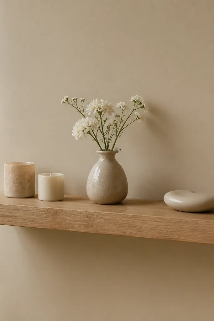 A floating shelf holding two small candles, one tiny vase with white flowers, and a single ceramic trinket, styled on a beige wall.