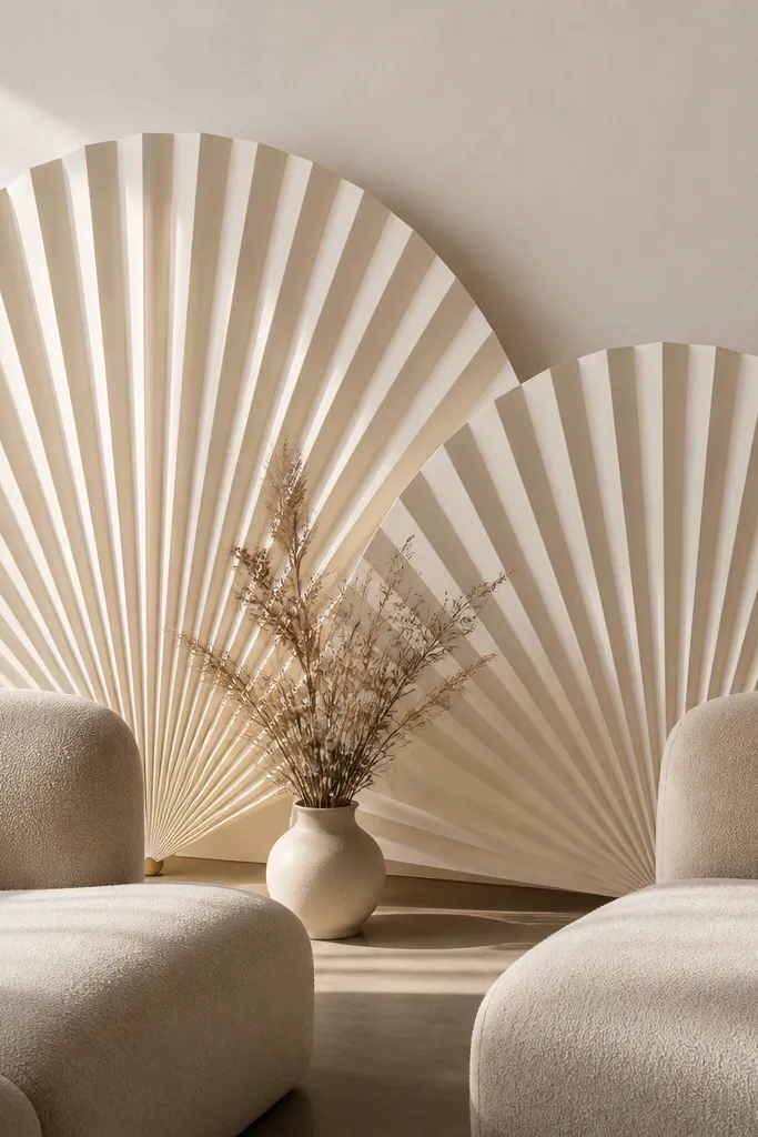 Two large ivory paper fans standing upright behind a seating area, with a small vase of dried flowers in front and no other busy decorations.