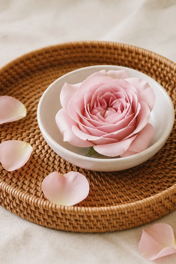 A rattan tray holding a shallow white bowl with one large rose, plus a few scattered rose petals, on a neutral tablecloth.