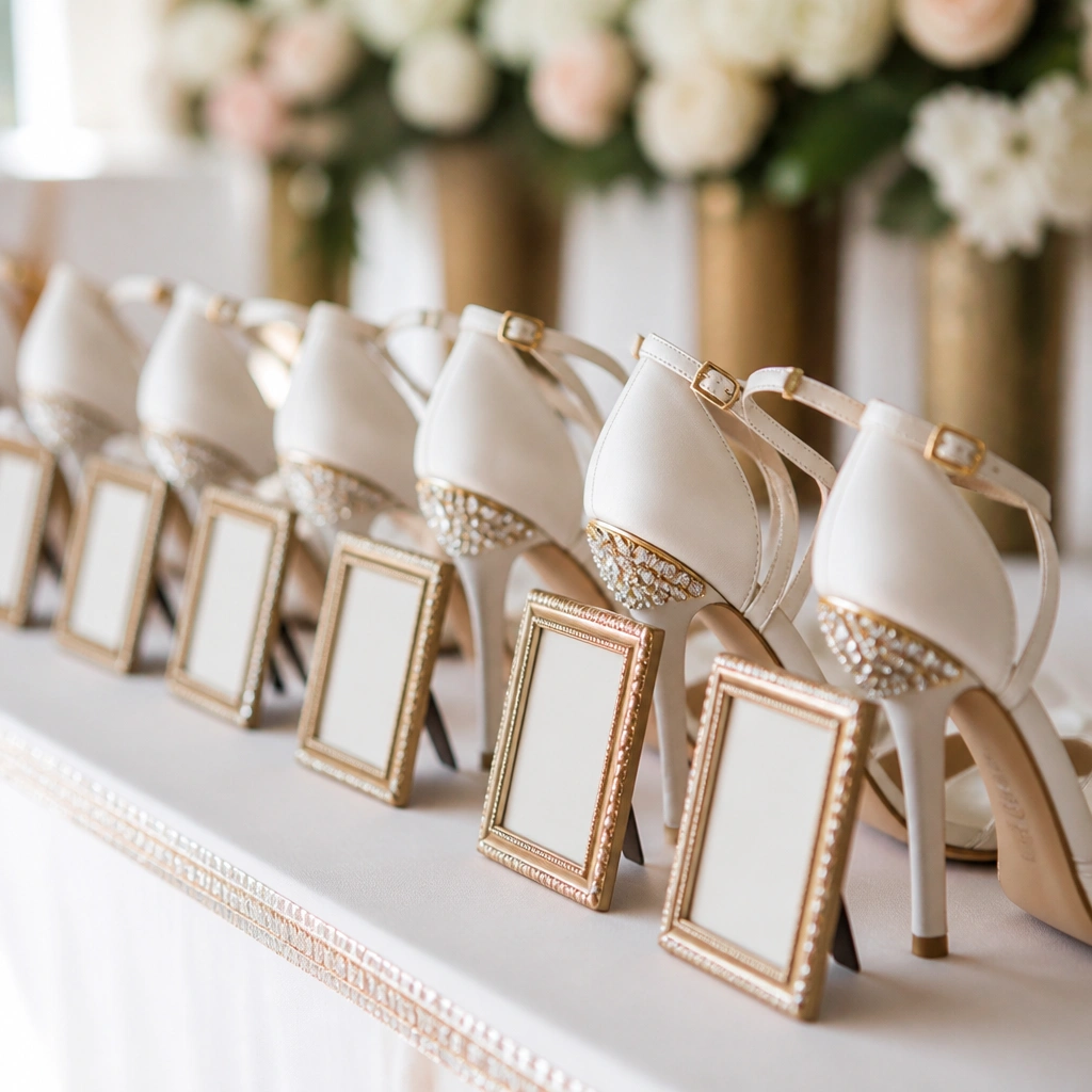 A row of small table numbers propped in front of tiny bridal heels on a white runner, with gold rhinestone trim at the heel base.