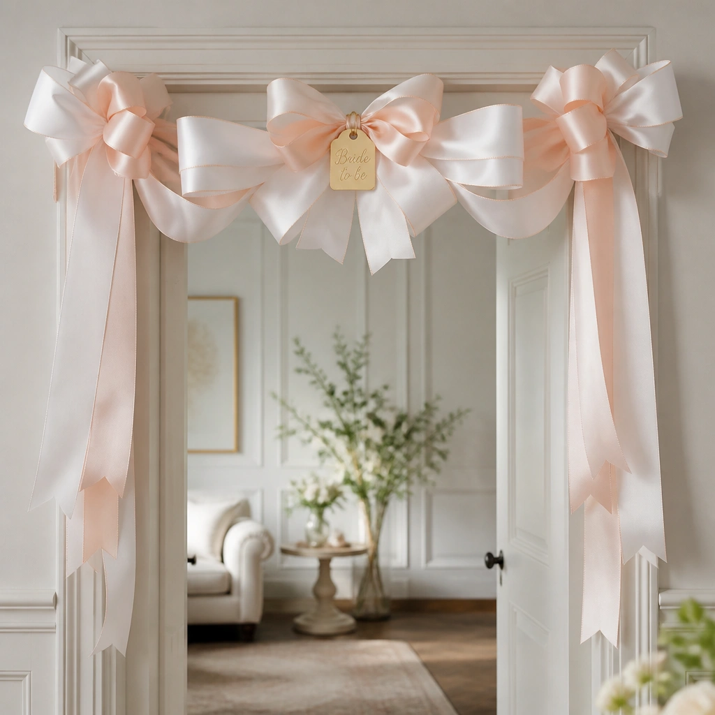 A doorway banner made from multiple white and blush ribbon loops with a small gold “Bride to be” tag at the center.
