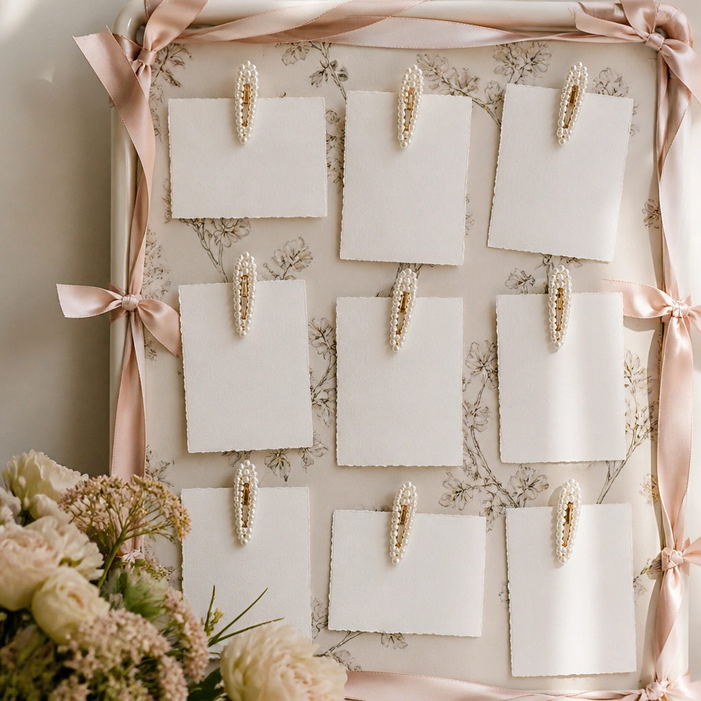 Place cards clipped to a decorative board using pearl hair clips, with blush ribbon ties along the border.