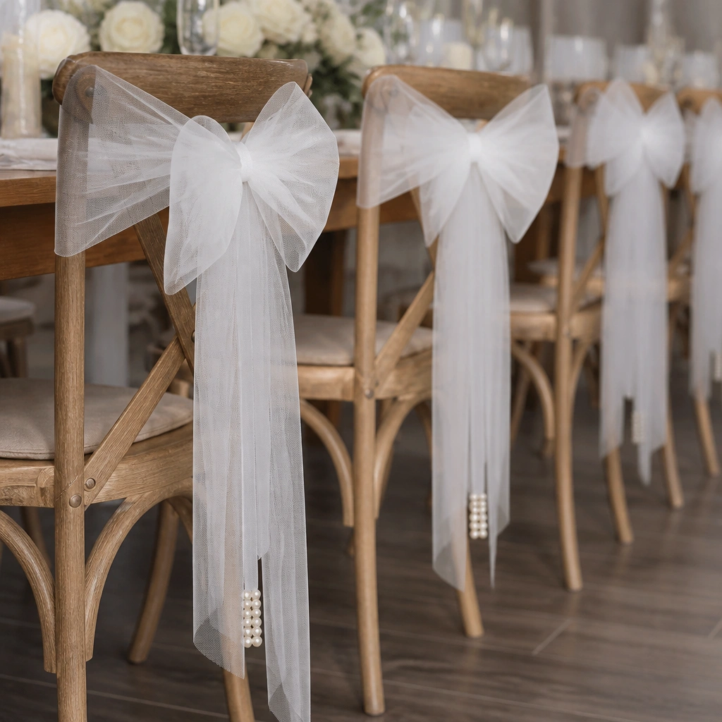 White tulle bows tied to chair backs with long ribbon tails ending in a small faux pearl strip.