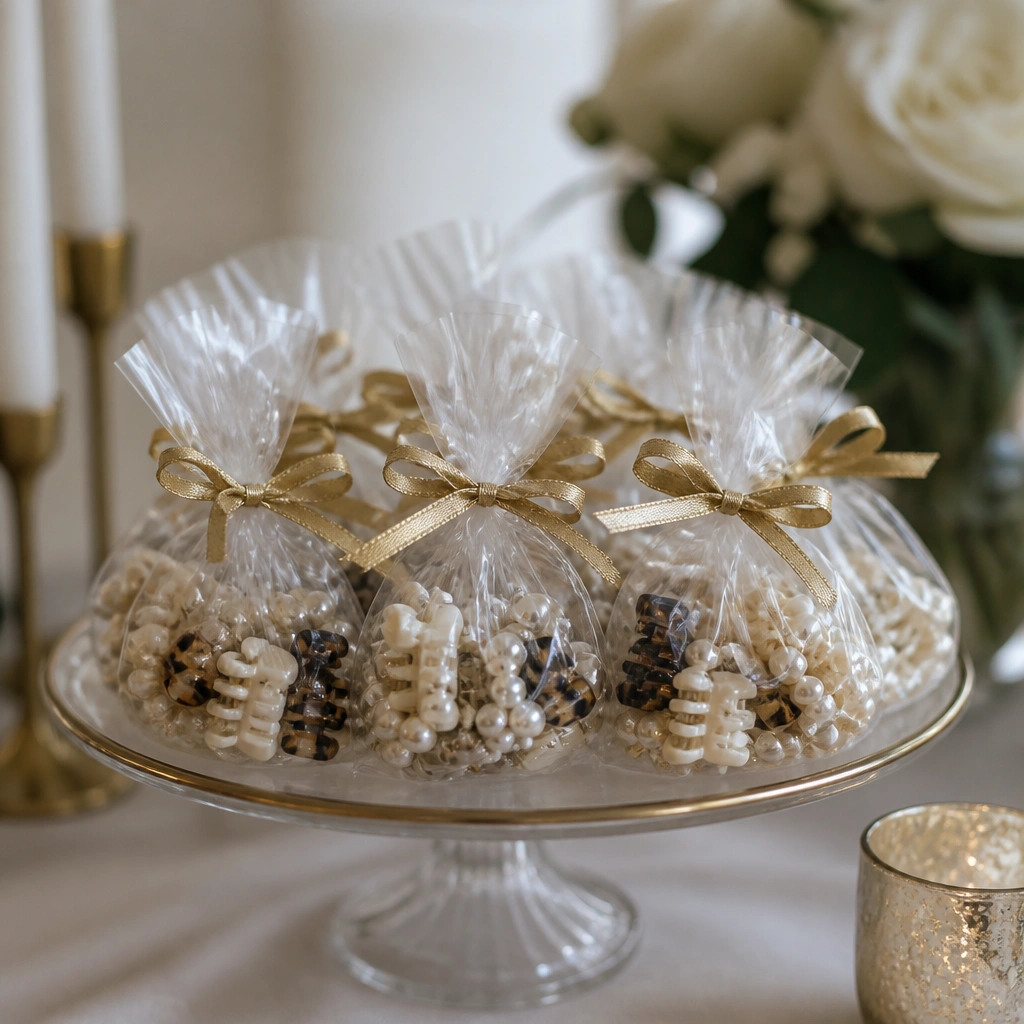 Small clear cellophane bags filled with mini hair clips and faux pearls, tied with gold ribbon on a table centerpiece.