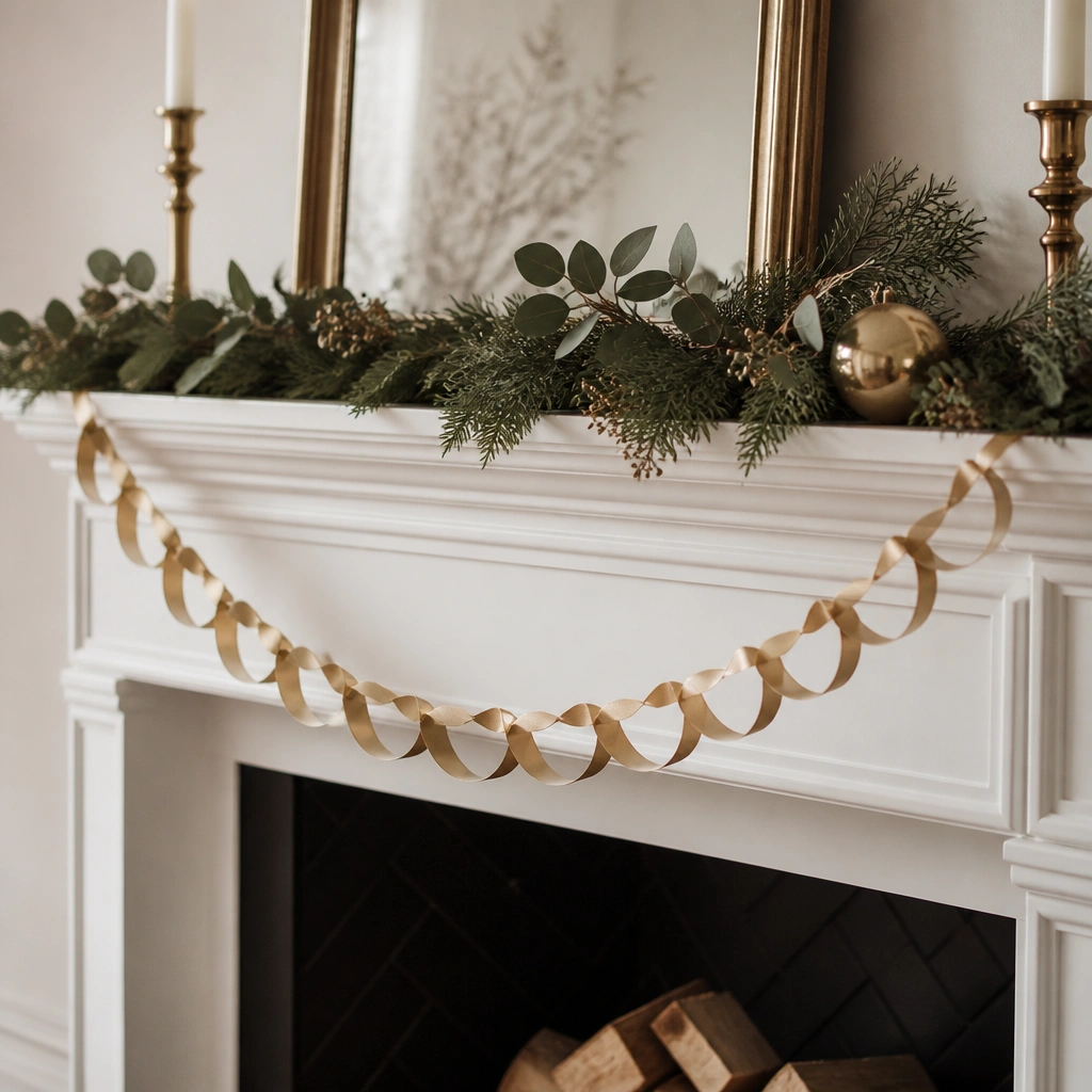 A garland strung across a mantle made from alternating loops of gold ribbon like shoe laces.