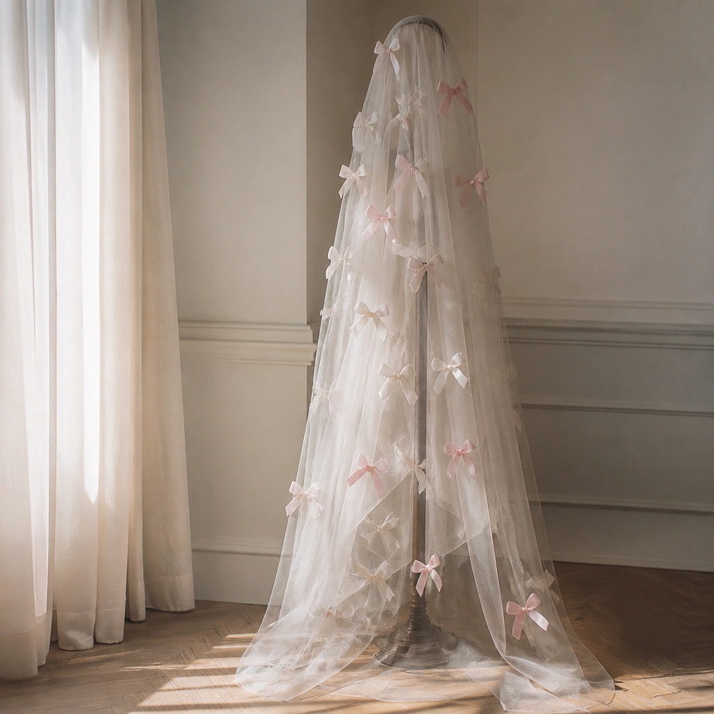 A corner of a room with a sheer veil fabric draped over a stand, surrounded by small blush-and-white ribbon bows.