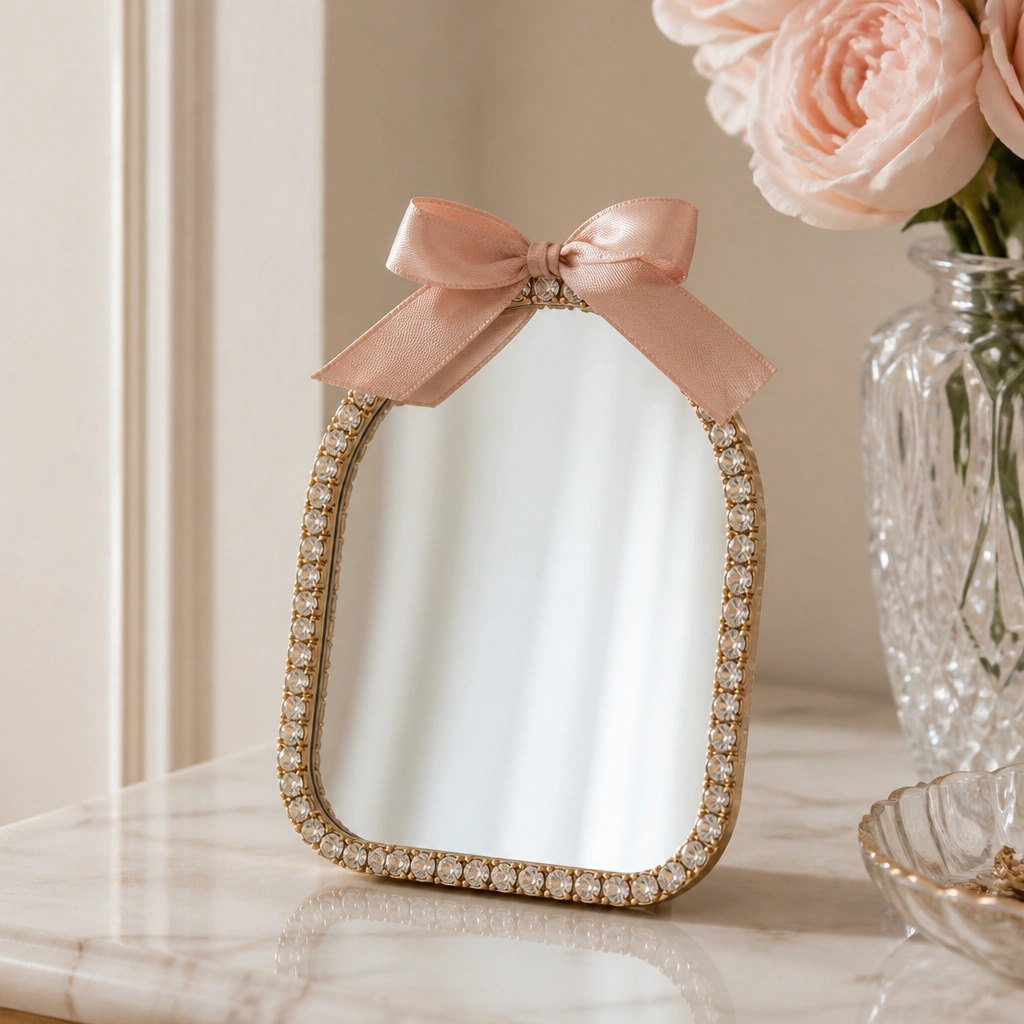 A small decorative mirror framed with a border of faux rhinestone trim in gold, with a blush ribbon bow at the top.