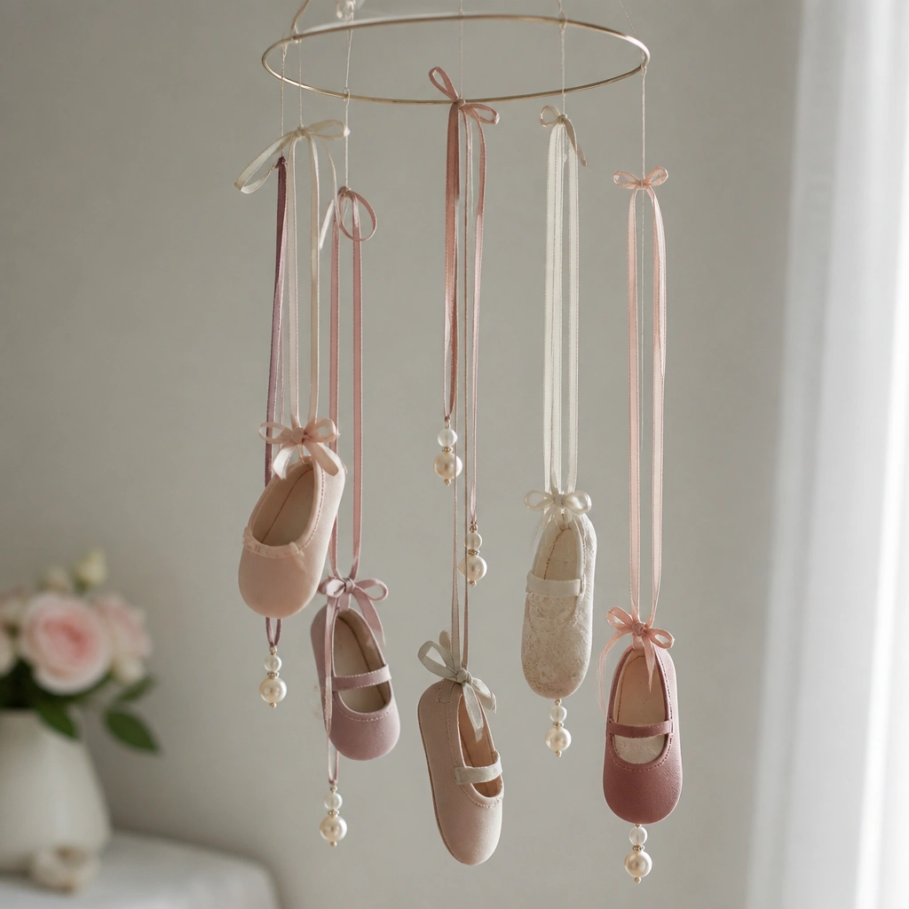 A hanging mobile with small shoe ornaments and ribbon loops suspended from a thin hoop, with faux pearls at the bottom.