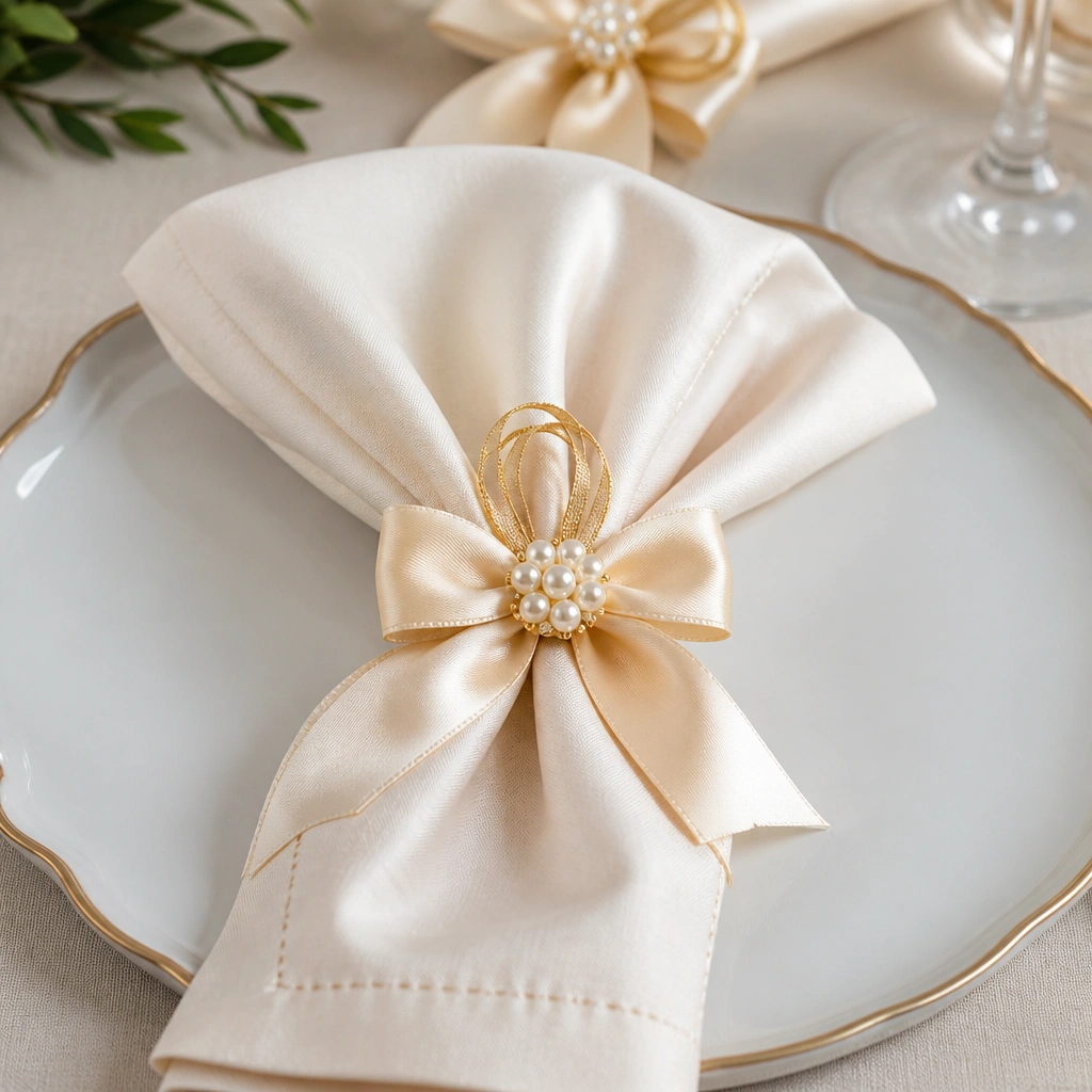 Napkins wrapped with small satin bows, each bow topped with a faux pearl cluster and a gold ribbon loop.