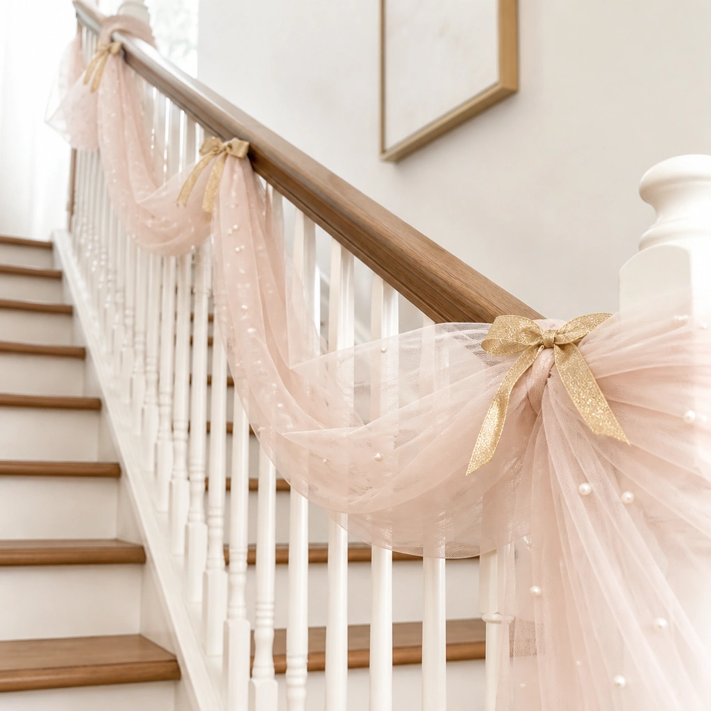 A staircase railing decorated with blush tulle strips and scattered faux pearls, with tiny gold ribbon bows every few feet.