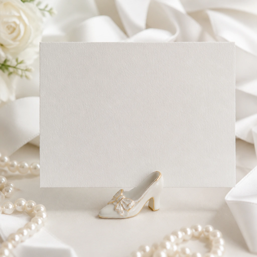 A welcome sign propped on a small shoe-shaped stand with a white ribbon backdrop and faux pearl accents.