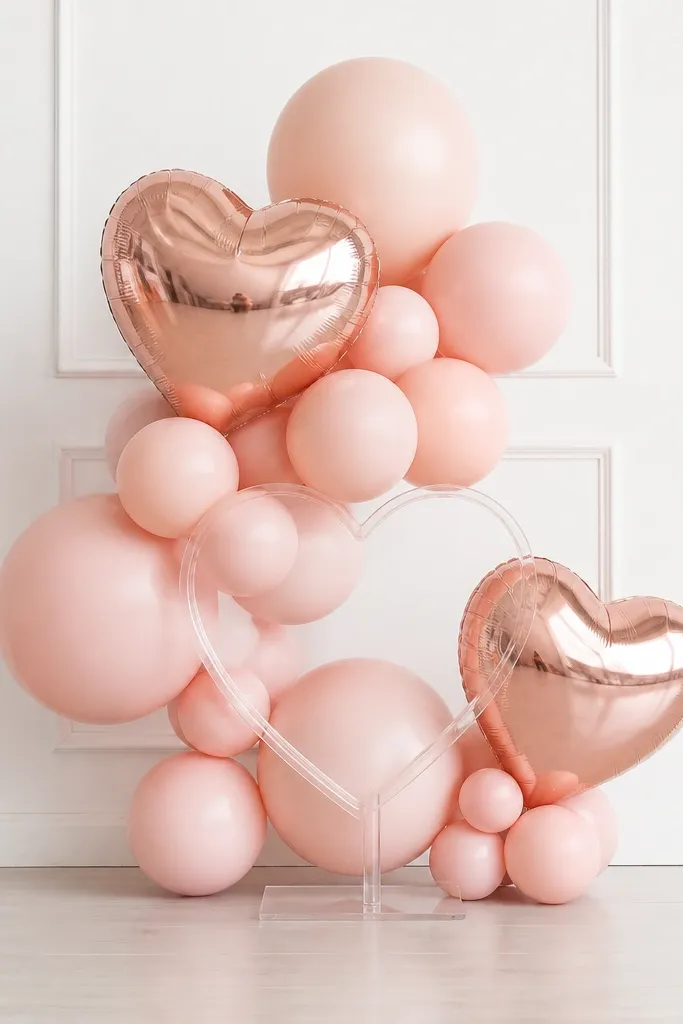 A modern blush balloon cluster with two metallic rose balloons, several matte blush balloons, and a small clear acrylic heart-shaped stand in the center on a white wall.
