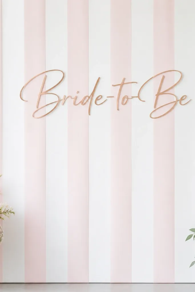 A white and blush step-and-repeat backdrop with vertical repeating stripes and a single minimal vinyl script reading “Bride-to-Be” centered at eye level.