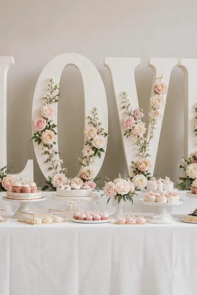 Large freestanding letters spelling a short phrase, decorated with small blush and white faux flowers, positioned behind a dessert table with a white tablecloth.