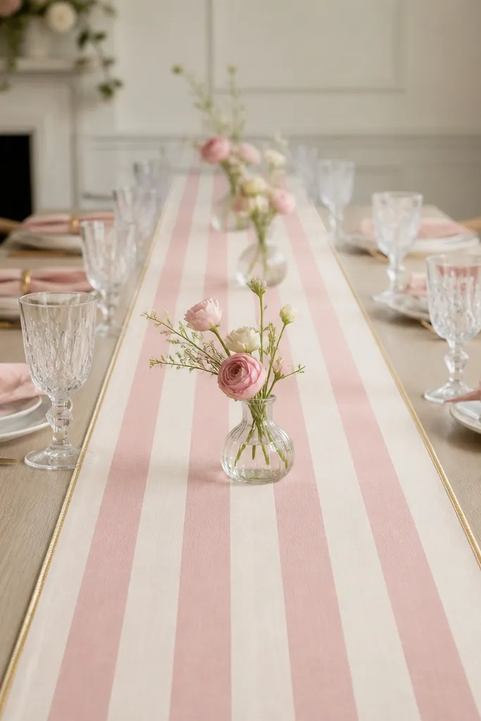 A blush-and-cream striped table runner with a thin gold trim running down the center of a long dining table, with small bud vases spaced evenly.