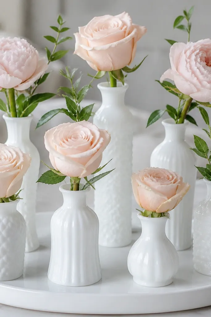 Multiple milk-glass vases each holding a single blush rose or peony with greenery, arranged in a staggered pattern on a white tray.
