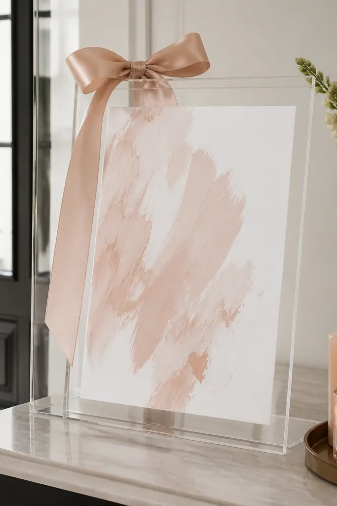 An acrylic welcome sign in a clear frame with a blush satin ribbon bow, placed near an entryway with a small tray of matching candles.