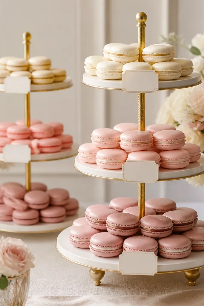 Tiered gold and white dessert stands holding macarons in blush, cream, and pale pink, with small name tags at each level.