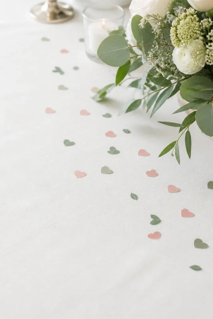 A small scatter of blush and sage confetti hearts and tiny leaf shapes on a white tablecloth near a centerpiece, with a clean empty area left for plates.