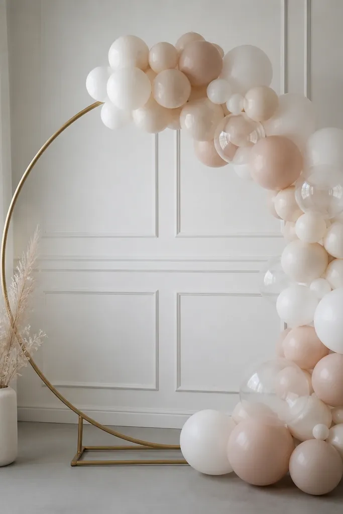 A neutral-toned balloon garland attached to a simple arched stand, featuring matte white, blush, and a few clear balloons, with no patterned balloons.