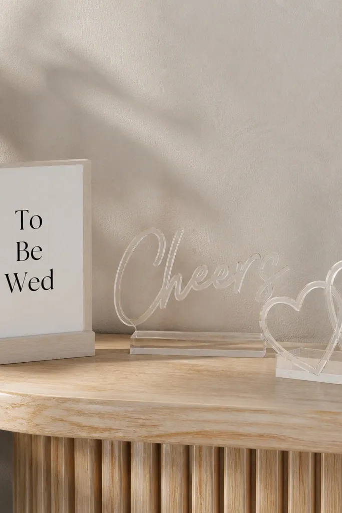 A small shelf with clear acrylic photo props (thin “Cheers” and heart shapes) and a minimal sign reading “To Be Wed” in black text.