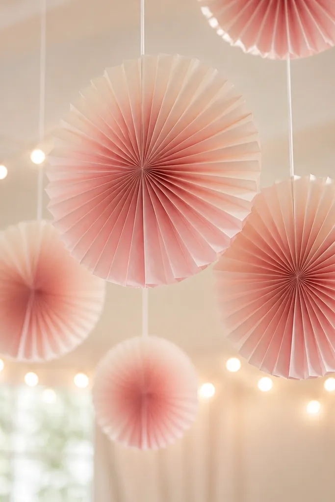 Several hanging paper fans in a blush ombré gradient suspended from the ceiling, with white string and a soft blush glow from nearby warm lights.