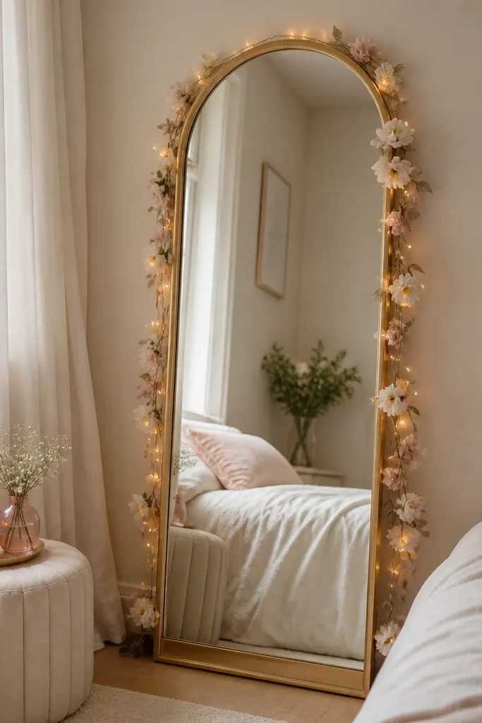 A small bedroom corner with a tall arched mirror framed in champagne-gold, surrounded by a thin blush-and-white faux flower garland and two mini fairy lights draped around the mirror sides.