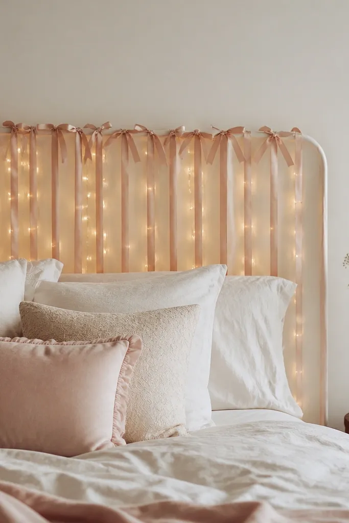 A bed with a headboard where blush satin ribbons are tied in vertical lines and warm fairy lights are tucked behind them; the wall behind is plain off-white.