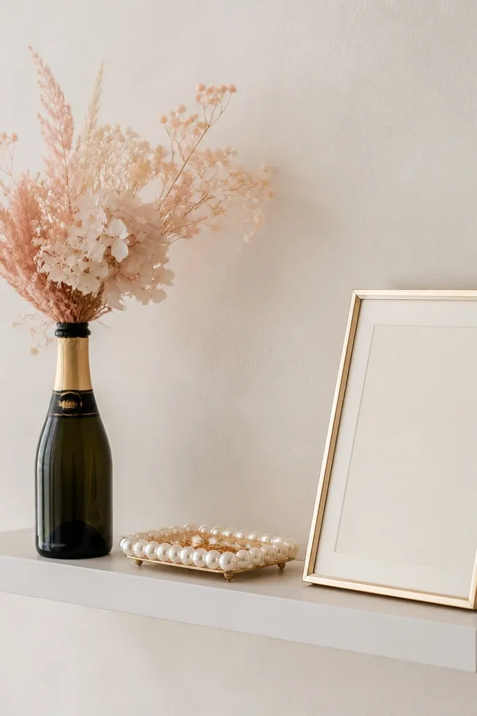 A narrow floating shelf holding a small champagne bottle vase with blush dried flowers, a pearl beaded tray, and a gold-framed quote card; the wall is light neutral.