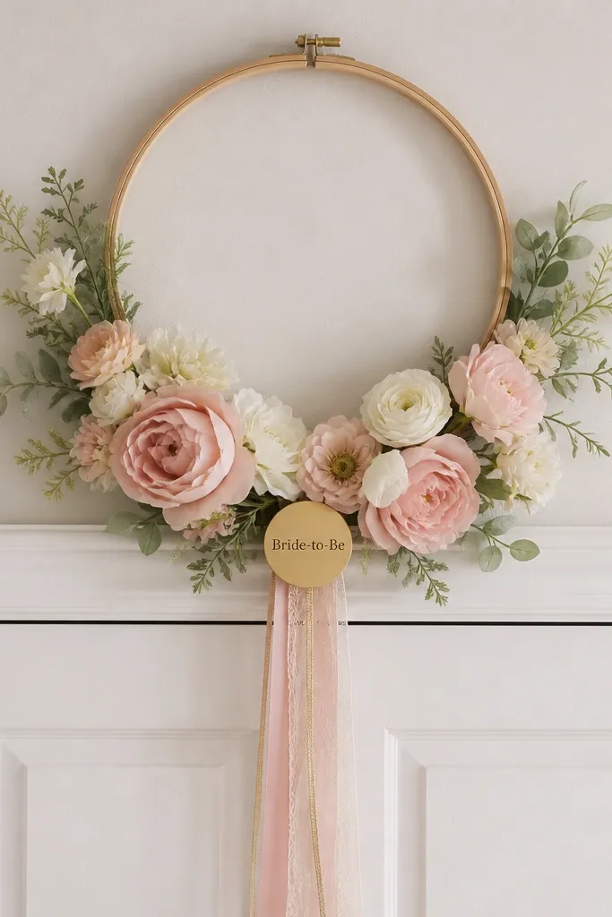 A circular embroidery hoop hung above a door with blush and white faux flowers, a small gold “Bride-to-Be” tag at the bottom, and a few trailing ribbons.