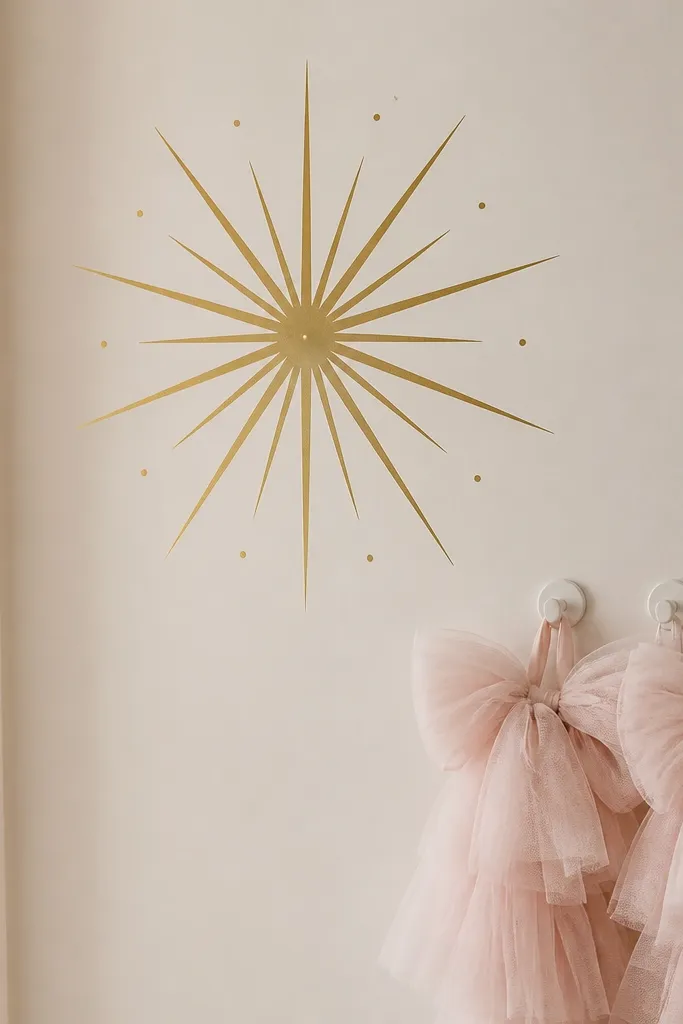 A peel-and-stick gold starburst decal on the wall with a cluster of blush tulle bows pinned neatly to the lower corner using removable hooks.