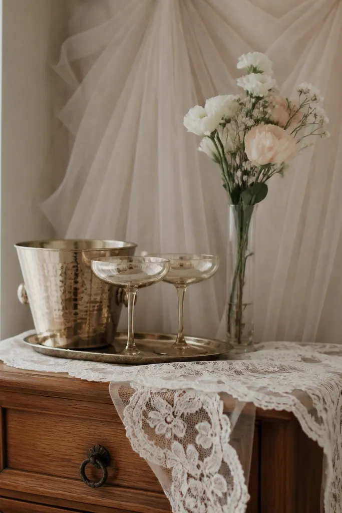 A small nightstand styled with a white lace runner, a champagne cup set, a mini bouquet in a slim vase, and a folded tulle backdrop panel behind the items.