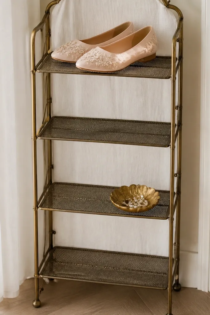 A narrow shoe rack with a pair of blush bridal flats on top, a small gold jewelry dish on a lower shelf, and a soft white fabric liner behind for contrast.
