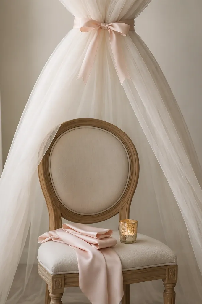 A chair with a draped tulle canopy tied with a blush ribbon, plus a small gold LED candle and a folded satin sash on the seat.
