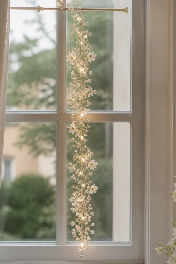 A tension rod inside/behind a window holding a vertical garland of faux pearls and tiny white flowers, with warm fairy lights threaded through the garland.