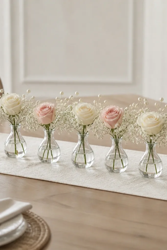A long table runner with a row of 7 small clear bud vases, each holding a single faux rose bud and a few baby’s breath sprigs. Soft blush and cream tones, with tiny pearl-like stems tucked in.