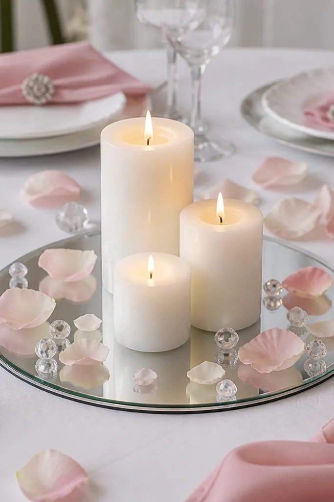 A round mirrored tray centerpiece with three varying-height white pillar candles, surrounded by scattered rose petals and a few crystal beads. The table is styled with a white tablecloth and soft pink napkins.