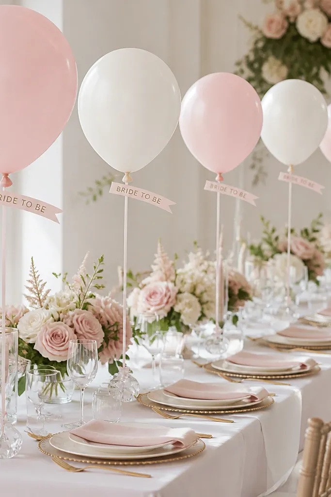 Each place setting has a small helium-style balloon attached to a clear balloon weight near the plate. The balloons are pale pink and white with a “bride to be” style label ribbon.