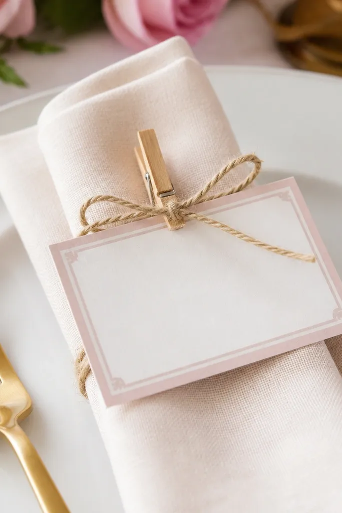 Close-up of place cards clipped to folded napkins with natural twine. The cards are elegant, with a blush border and gold “Guest Name” typography, placed on a white plate with a gold fork.